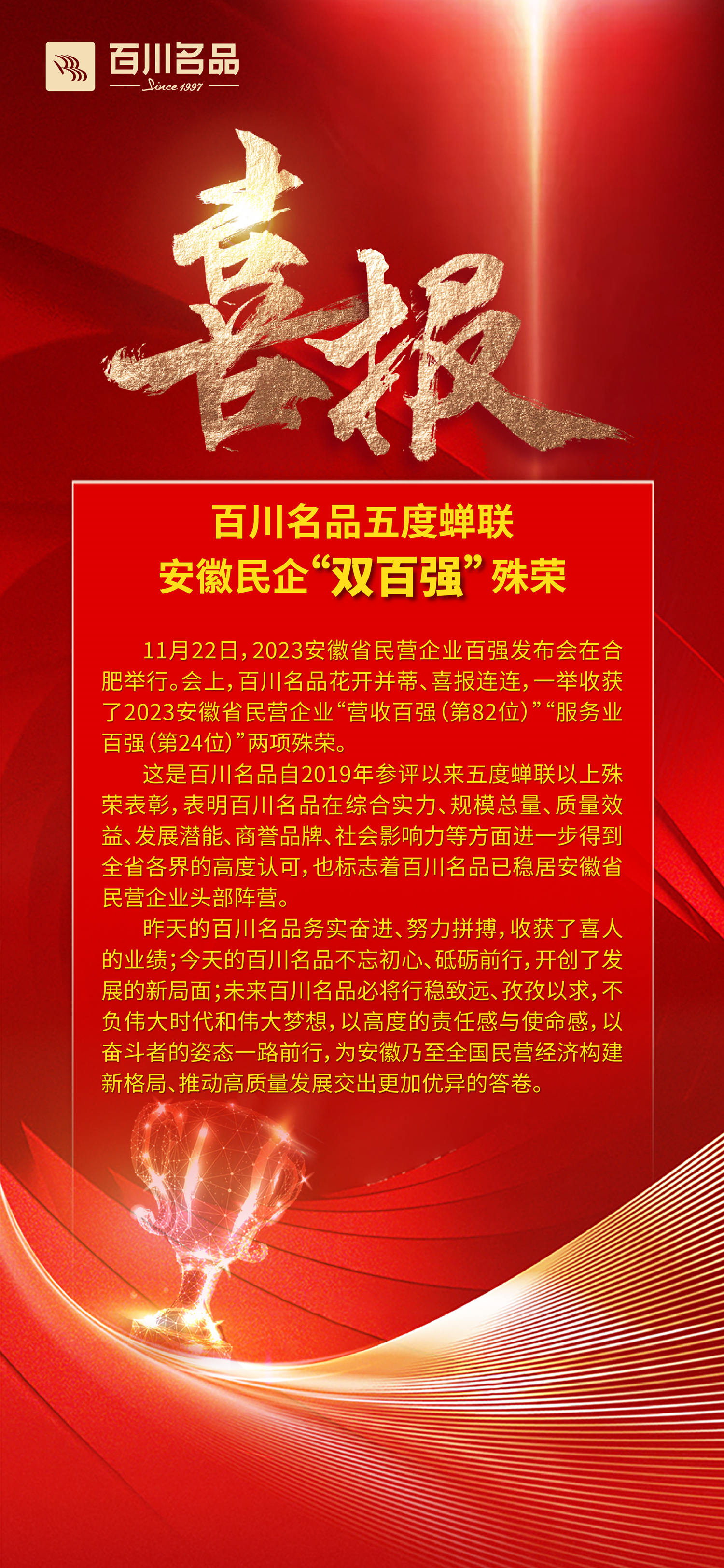 百川名品五度蟬聯(lián)安徽民企“雙百?gòu)?qiáng)”殊榮